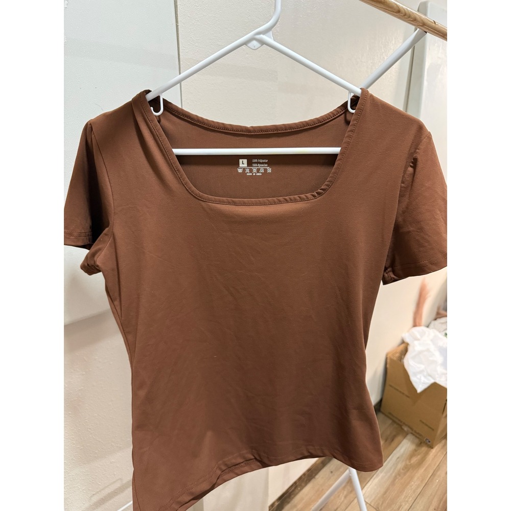 Brown Square Neck Short Sleeve Slim Fit Stretch Tee Shirt Large